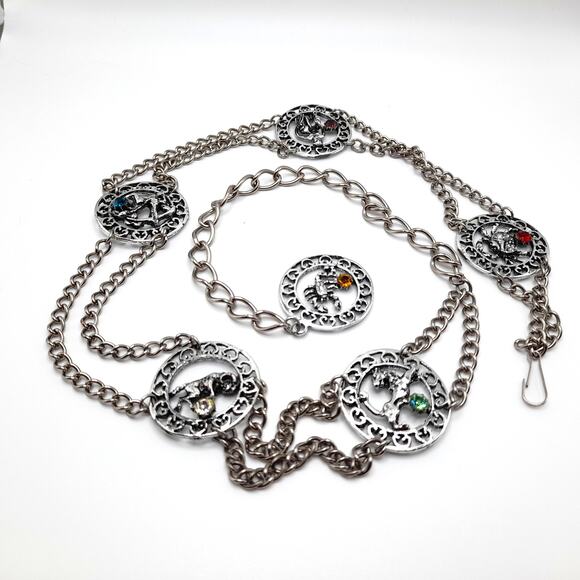 Vintage Zodiac Rhinestone Belt, Six Signs, 40 Inches, Silver Tone - Picture 8 of 10